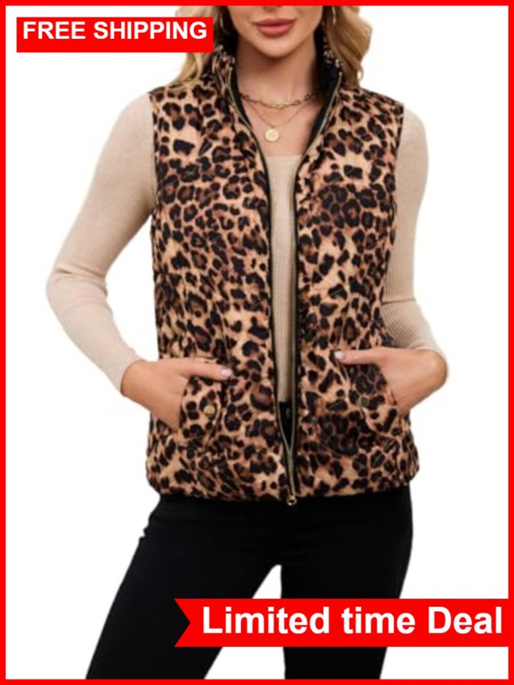 LifeShe Women Quilted Puffer Vest Reversible Leopard Print Zip Up Sleeveless